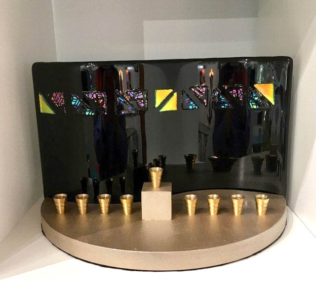 fused-glass-black-menorah-with-dichroic-in-wood-stand