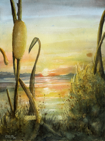 art_by_grzyb_cattail_sunset_watercolor